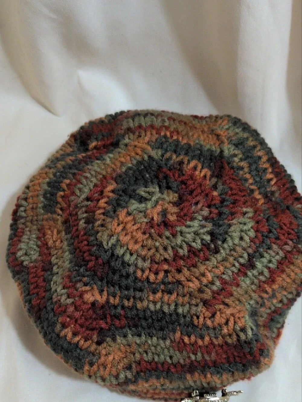 Hand Crafted Multicolor Crochet Beret with Turtle Pin